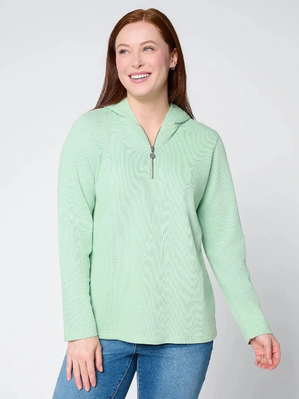 Susan Graver Soleil Slub Knit Quarter Zip Hoodie, Sage Sz M a744486